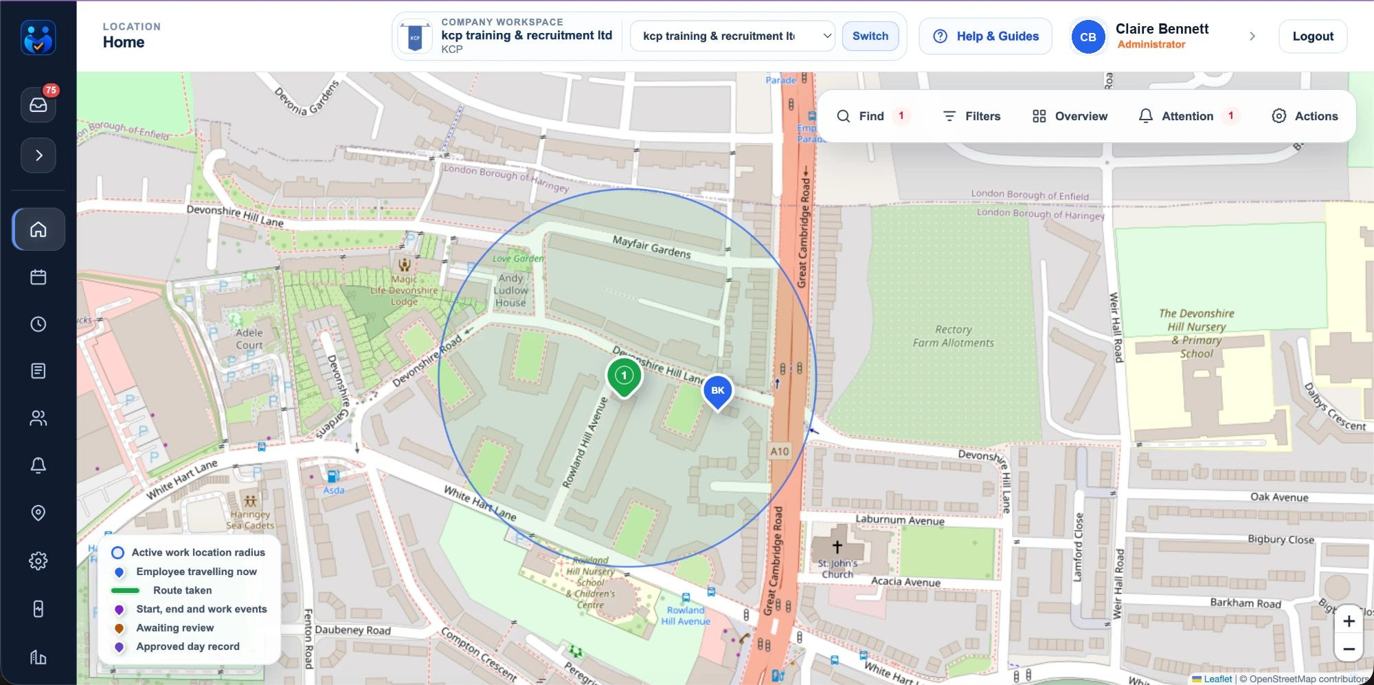 The real live map with an active work location radius