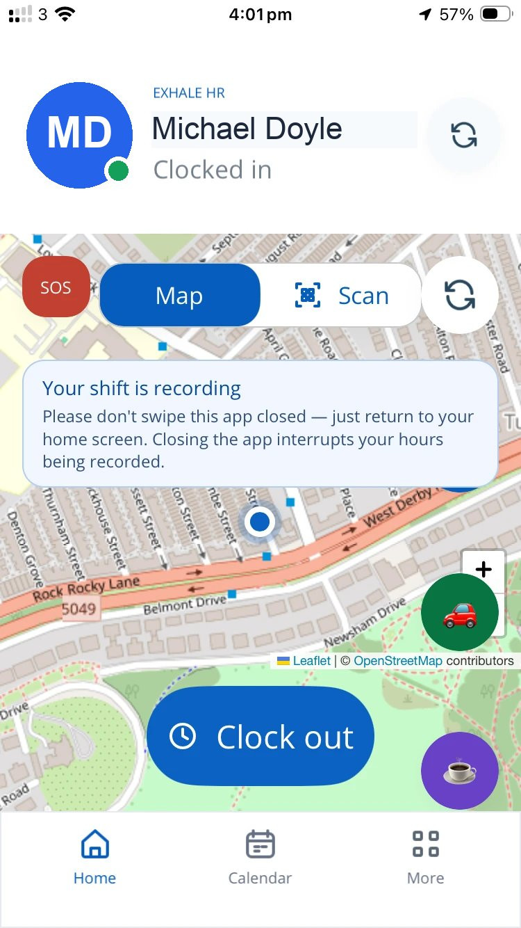 The real app, clocked in and recording